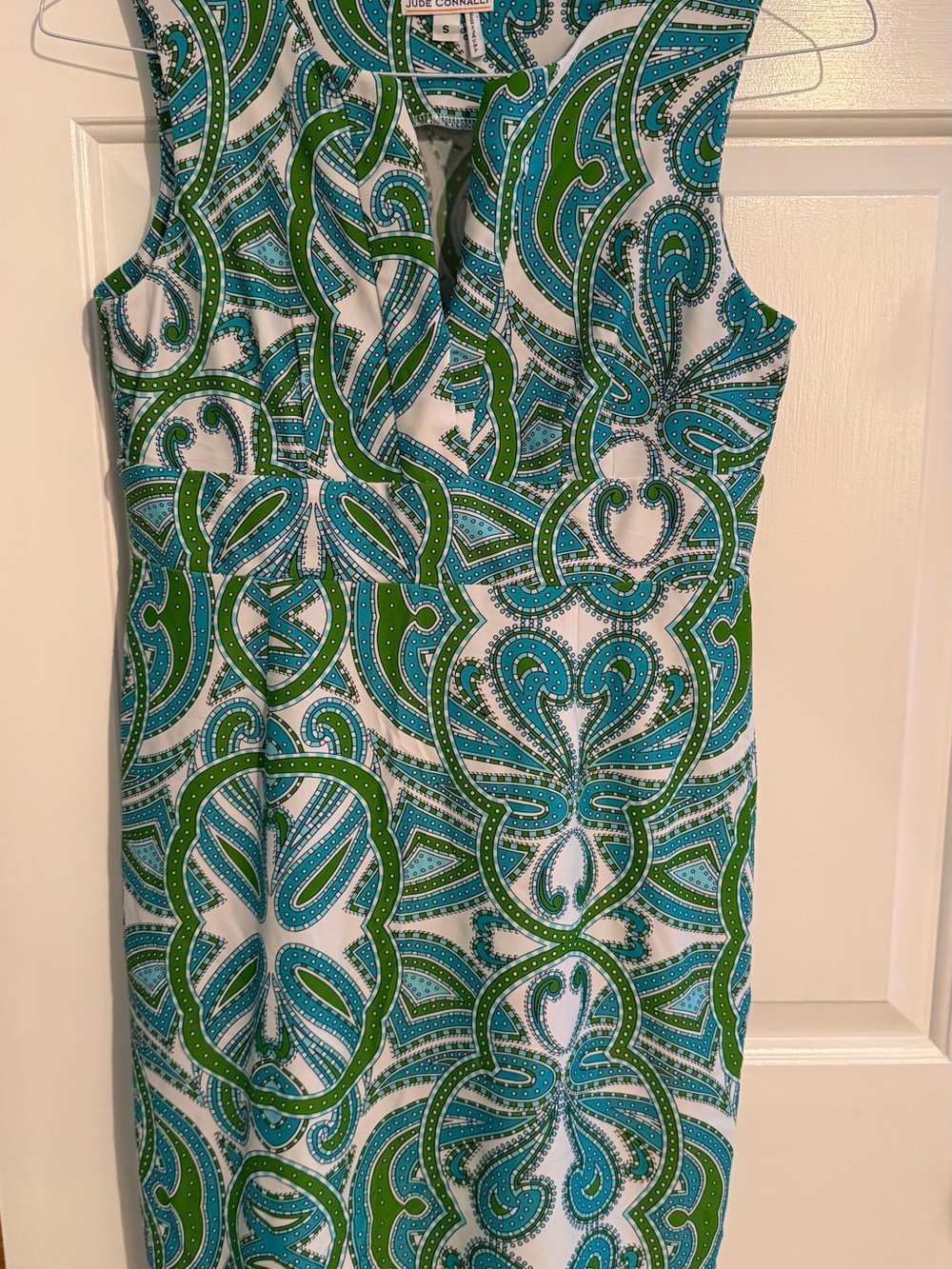 Jude Connally White Dress with Green & Teal Paisley Print